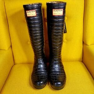 JIMMY CHOO & HUNTER Special Edition Rain Croc Black Animal Print Lined Boot Sz 4